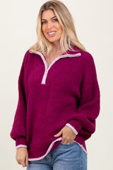 Magenta Soft Fuzzy Knit Quarter Zip Pullover Sweater