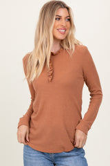 Camel Ruffle Collar Micro Waffle Knit Maternity Henley Top