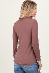 Plum Ruffle Collar Micro Waffle Knit Henley Top