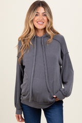 Charcoal Ribbed Front Pocket Maternity Drawstring Hoodie