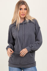 Charcoal Ribbed Front Pocket Drawstring Hoodie