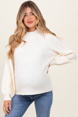 Cream Cable Knit Mock Neck Bubble Sleeve Maternity Sweater