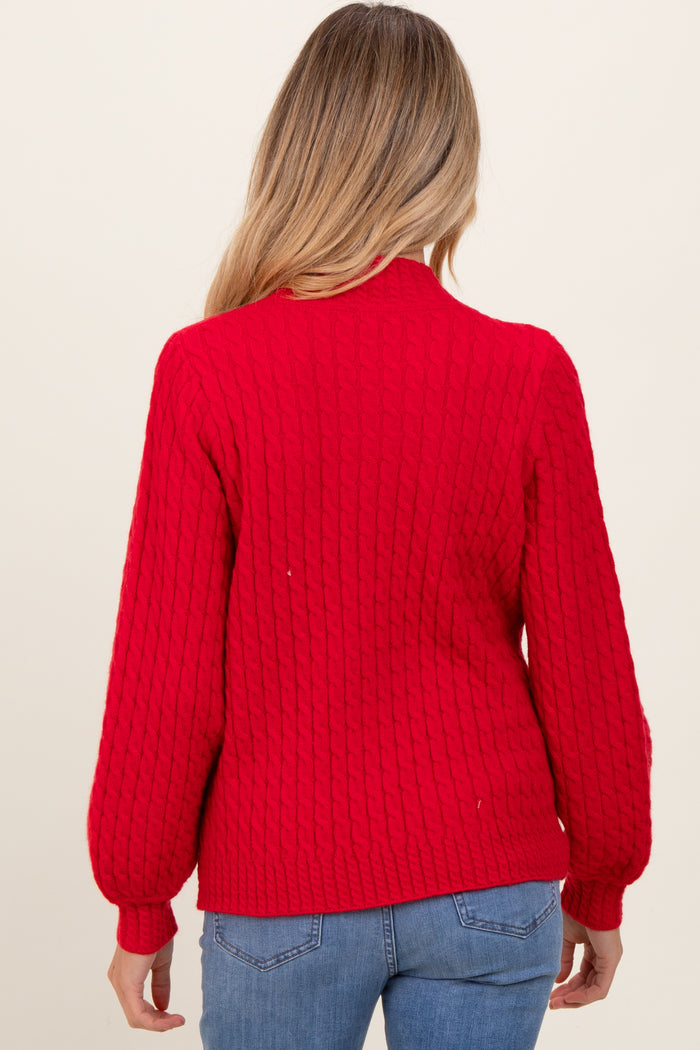 Red Cable Knit Mock Neck Bubble Sleeve Maternity Sweater