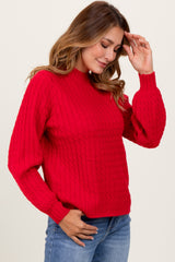 Red Cable Knit Mock Neck Bubble Sleeve Sweater