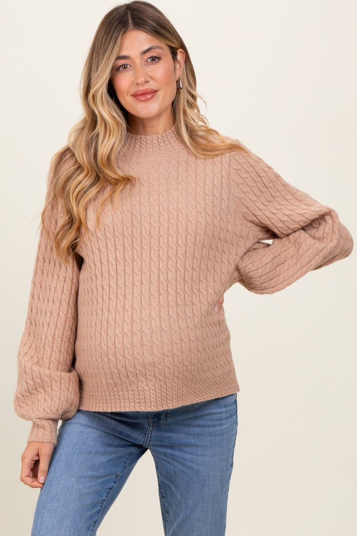 Mocha Cable Knit Mock Neck Bubble Sleeve Maternity Sweater