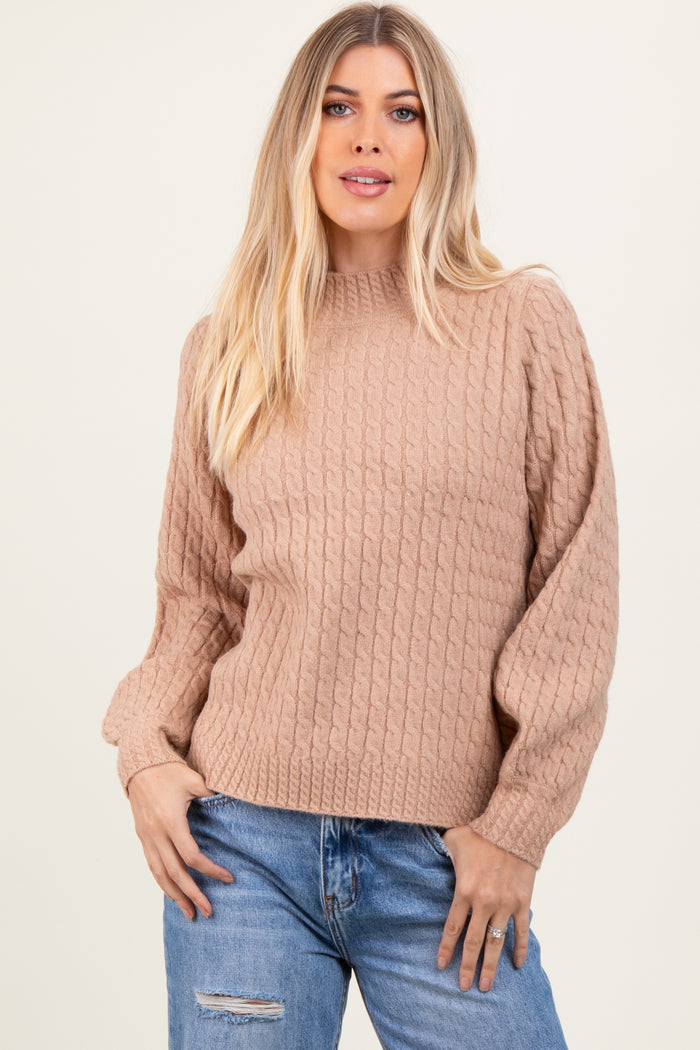 Mocha Cable Knit Mock Neck Bubble Sleeve Maternity Sweater
