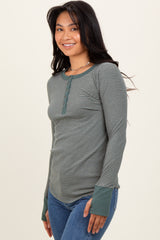 Forest Green Striped Snap Button Henley Top