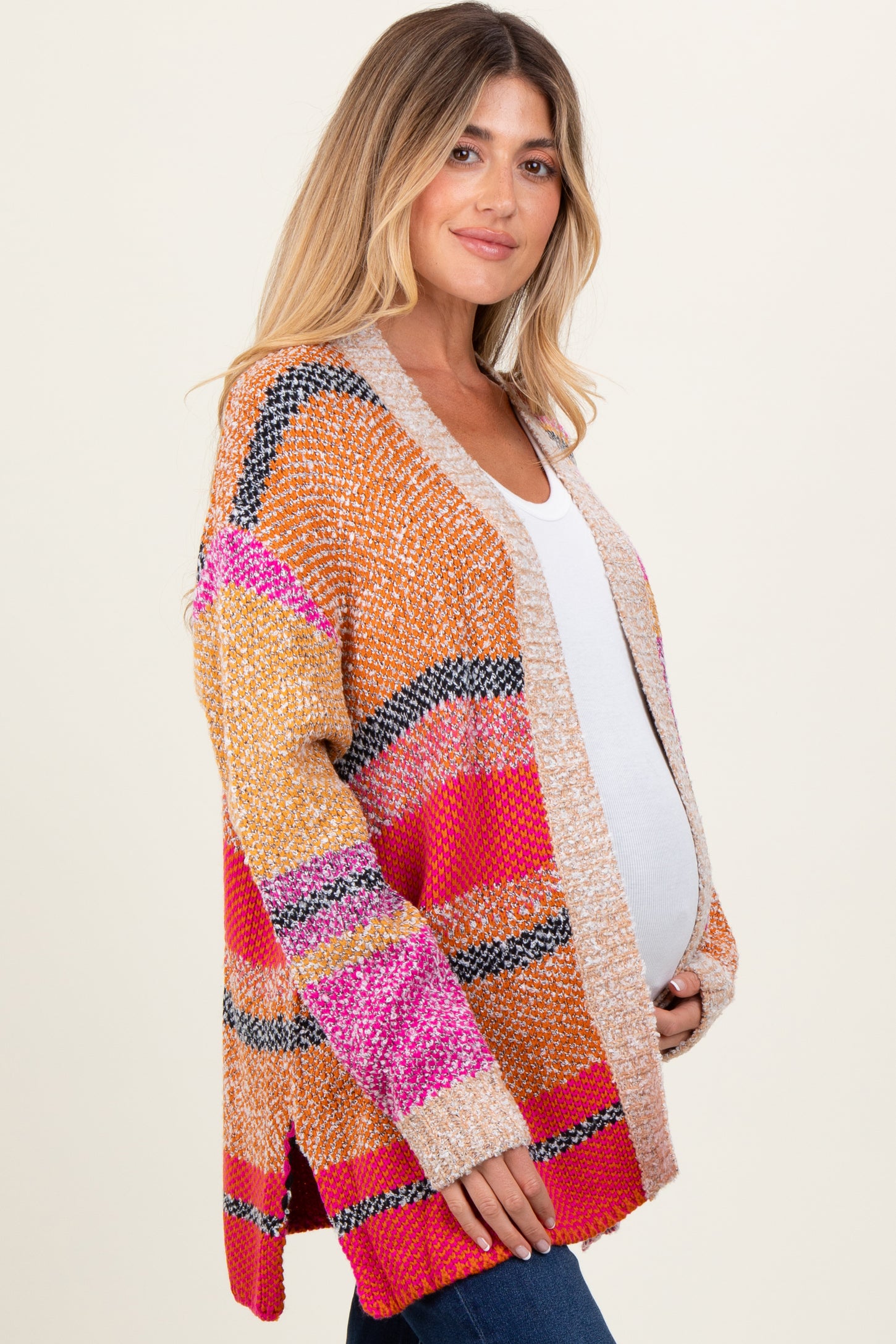 Fuchsia Oversized Colorblock Stripe Maternity Cardigan