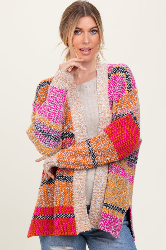 Fuchsia Oversized Colorblock Stripe Maternity Cardigan