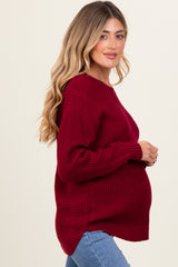 Burgundy Waffle Knit Rounded Hem Maternity Sweater