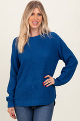 Dark Blue Waffle Knit Rounded Hem Sweater