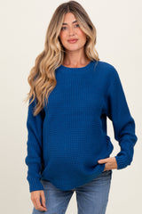 Dark Blue Waffle Knit Rounded Hem Maternity Sweater