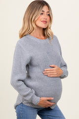 Heather Grey Waffle Knit Rounded Hem Maternity Sweater