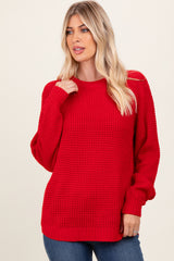 Red Waffle Knit Rounded Hem Maternity Sweater