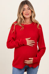 Red Waffle Knit Rounded Hem Maternity Sweater