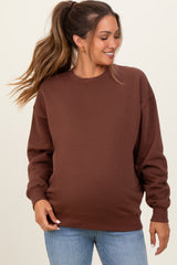 Brown Fleece Crew Neck Relaxed Fit Maternity Sweatshirt