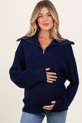 Navy Half Zip Chunky Knit Maternity Pullover Sweater