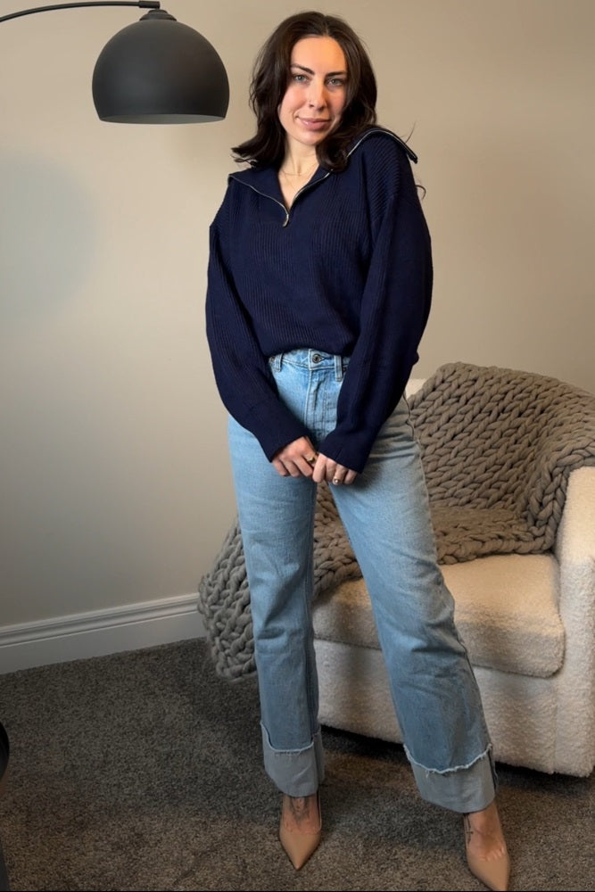 Navy Half Zip Chunky Knit Pullover Sweater