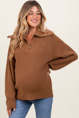 Camel Half Zip Chunky Knit Maternity Pullover Sweater