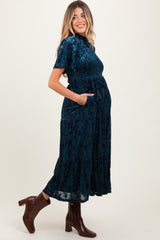 Navy Floral Velvet Print Smocked Maternity Midi Dress