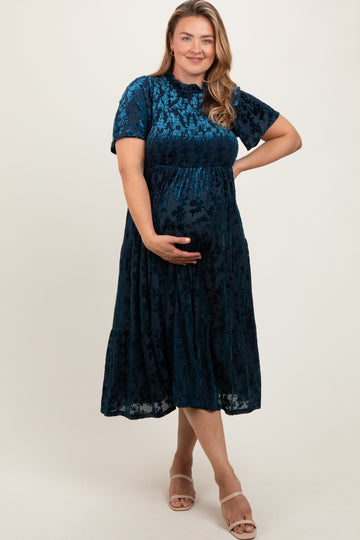 Navy Floral Velvet Print Smocked Maternity Plus Midi Dress