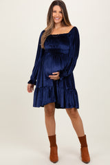 Navy Velvet Smocked Long Sleeve Maternity Dress