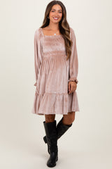 Light Taupe Velvet Smocked Long Sleeve Maternity Dress