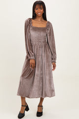 Taupe Velvet Smocked Long Sleeve Maternity Maxi Dress