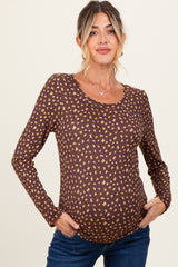 Brown Floral Ribbed Long Sleeve Maternity Top