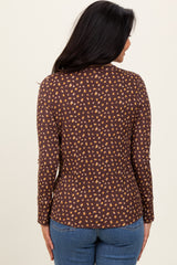 Brown Floral Ribbed Long Sleeve Top