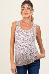 Beige Animal Print Ribbed Henley Sleeveless Maternity Top