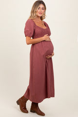 Mauve Striped Popcorn Smocked Maternity Midi Dress