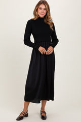 Black Knit Contrast Top Satin Midi Dress