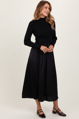 Black Knit Contrast Top Satin Midi Dress