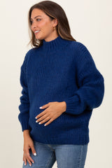 Blue Chunky Knit Mock Neck Maternity Sweater