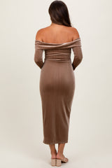 Taupe Shiny Velour Off Shoulder Maternity Midi Dress