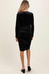 Black Velvet Long Sleeve Ruched Maternity Midi Dress