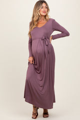 Mauve V-Neck Long Sleeve Sash Tie Maternity Maxi Dress