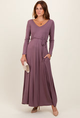 Mauve V-Neck Long Sleeve Sash Tie Maternity Maxi Dress