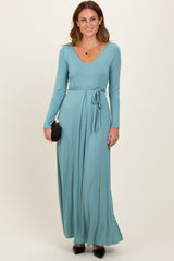 Light Olive V-Neck Long Sleeve Sash Tie Maxi Dress