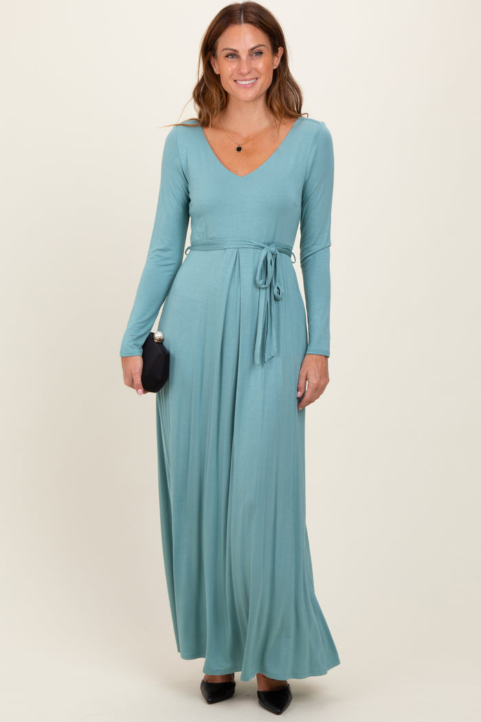 Light Olive V-Neck Long Sleeve Sash Tie Maxi Dress