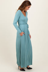 Light Olive V-Neck Long Sleeve Sash Tie Maxi Dress