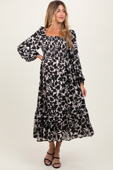 Black Floral Damask Print Smocked Maternity Midi Dress