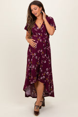 Burgundy Floral Short Sleeve Wrap Hi-Low Maternity Maxi Dress