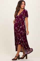 Burgundy Floral Short Sleeve Wrap Hi-Low Maternity Maxi Dress