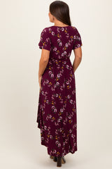 Burgundy Floral Short Sleeve Wrap Hi-Low Maternity Maxi Dress