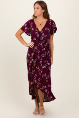 Burgundy Floral Short Sleeve Wrap Hi-Low Maternity Maxi Dress