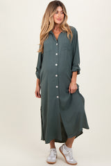 Olive Long Sleeve Button Down Maternity Maxi Dress