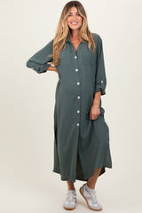 Olive Long Sleeve Button Down Maternity Maxi Dress