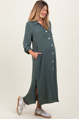 Olive Long Sleeve Button Down Maternity Maxi Dress